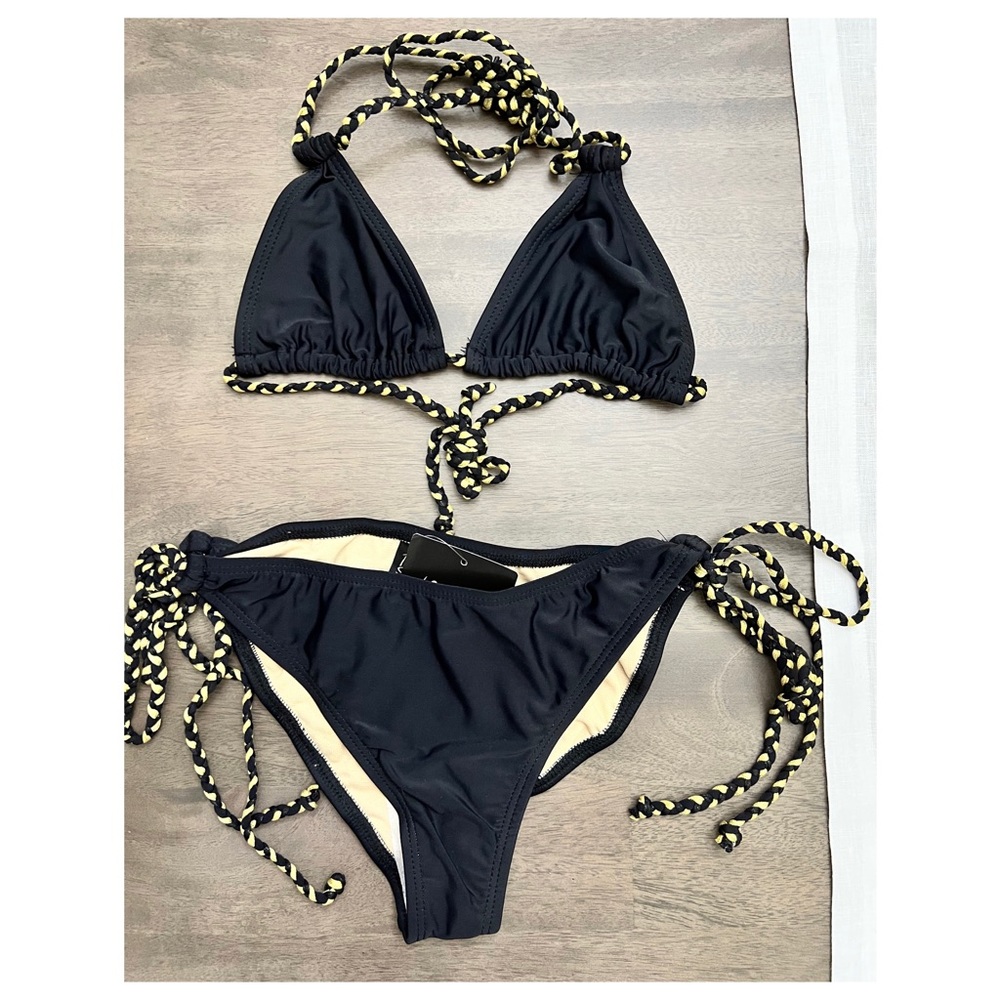 Forplay Black and Gold Triangle Halter String Bikini - Picture 3 of 6